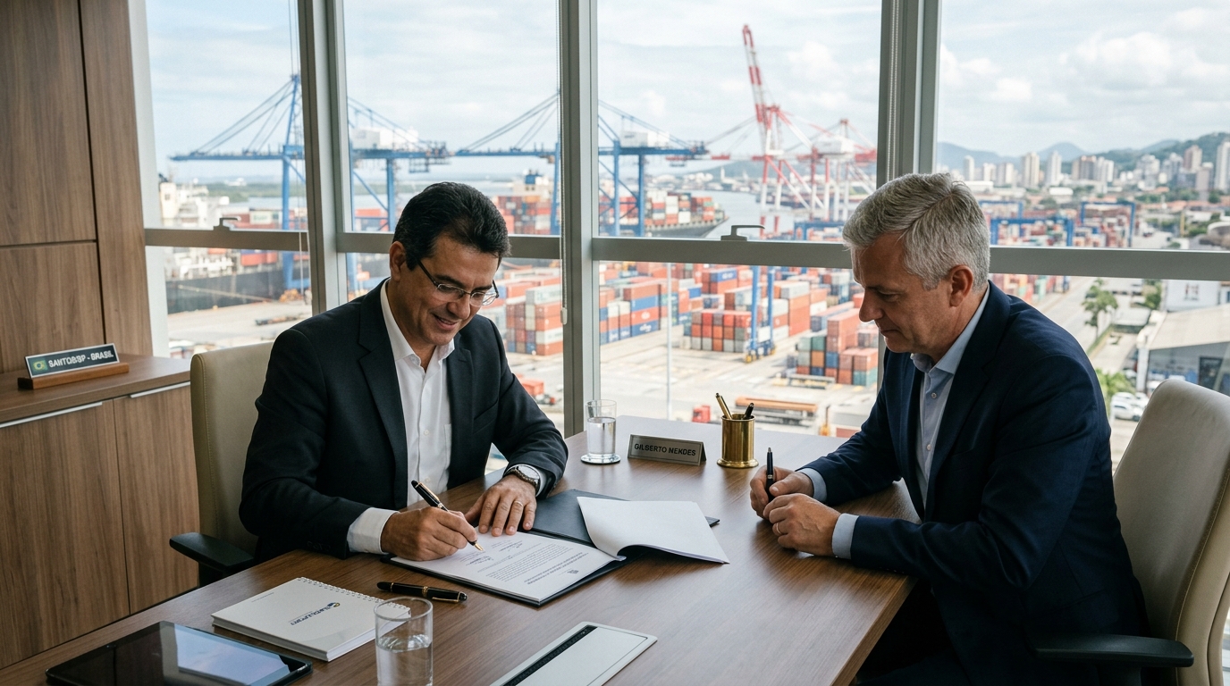Executivos assinando contrato no Porto de Santos com vista para terminais de contêineres