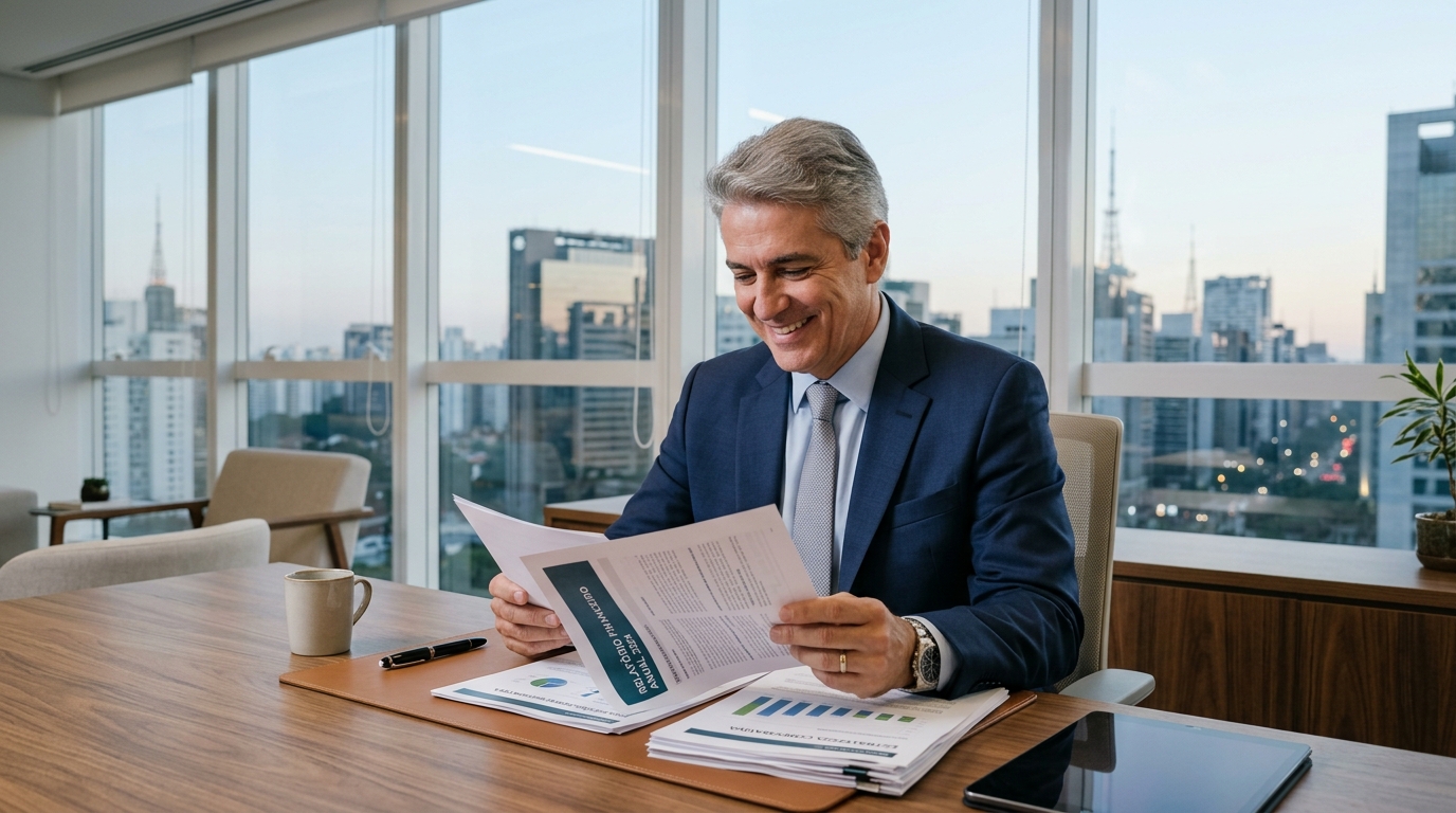 Executivo sênior analisando relatórios de previdência privada em escritório moderno
